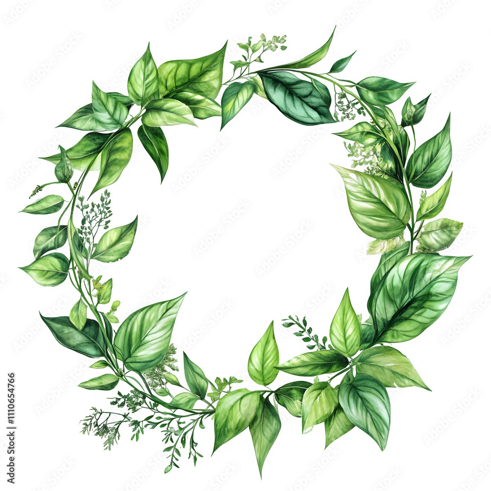 Poster circular watercolor green leaf and branch frame, ideal for bringing a touch of nature to designs on 