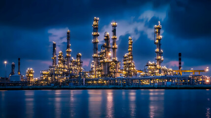 Fototapeta premium Illuminated Petrochemical Refinery at Night Reflecting on Water