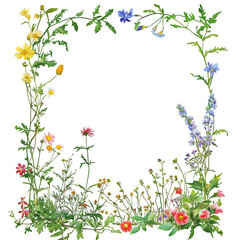 Vibrant watercolor wildflowers frame with a transparent background, ideal for adding a natural touch to any design