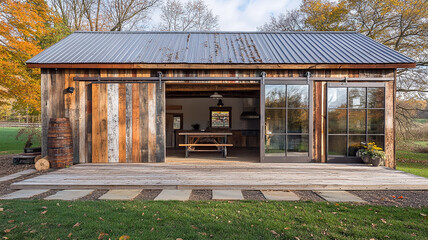 A rustic barn conversion with reclaimed wood siding, metal roof, and large sliding doors