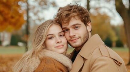 Fototapeta premium Young Couple Embracing in Autumn Landscape Surrounded by Golden Leaves and Soft Natural Light, Capturing Romantic Moments in a Scenic Outdoor Setting