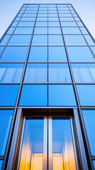 Obraz premium Modern skyscraper with glass facade reflecting the blue sky.