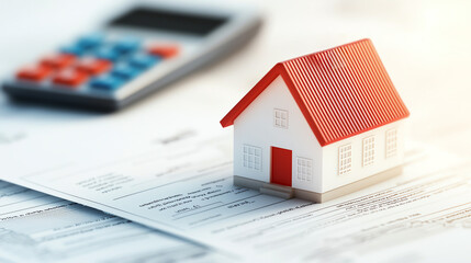 property tax assessment form with calculator and model house symbolizes financial planning. This captures essence of real estate evaluation and budgeting