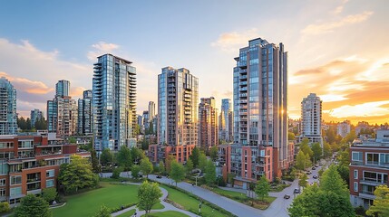 Fototapeta premium Vibrant Cityscape of Modern High-Rise Residential Towers with Green Spaces at Golden Hour