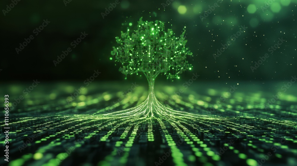Wall mural digital roots connected to a network forming a green tree, showcasing sustainable growth in tech.