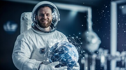 Caucasian man astronaut holding digital globe hologram in white spacesuit. Future space exploration and technology concept. Science innovation banner with copy space