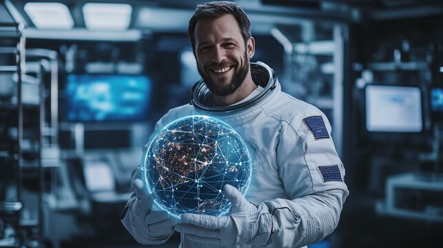 Caucasian astronaut in white spacesuit holding holographic Earth model in futuristic space station laboratory. Digital technology and space exploration concept with blue lighting