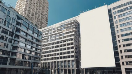 Blank white billboard on modern building facade in daylight, mockup for outdoor advertisement, High Resolution
