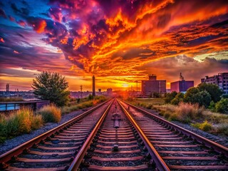 Fototapeta premium Captivating Urban Exploration: Railway Tracks Leading into a Stunning Sunset Over a Cityscape with Vibrant Colors and Dramatic Clouds