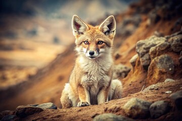 Fototapeta premium Captivating Vintage Style Photography of a Tibetan Sand Fox in Its Natural Habitat, Showcasing Its Unique Features Against a Rustic Backdrop That Evokes Nostalgia and Wonder