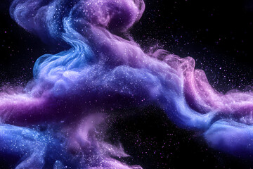 There is a gradient of blue and purple in the background, swirling white powder that has a blue glow.