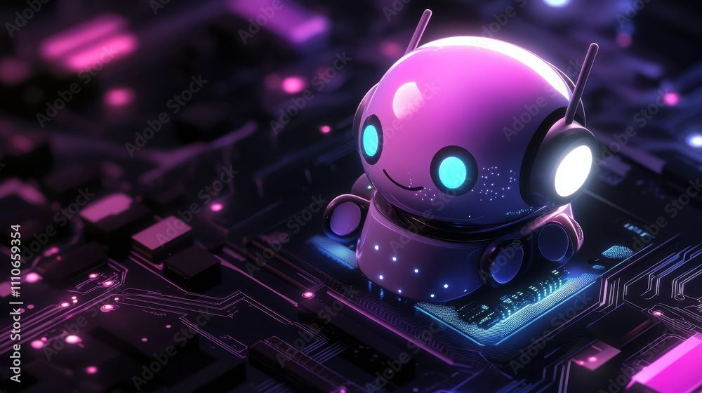 Poster glowing ai chatbot icon connected to a futuristic cpu with neural network-inspired circuitry.