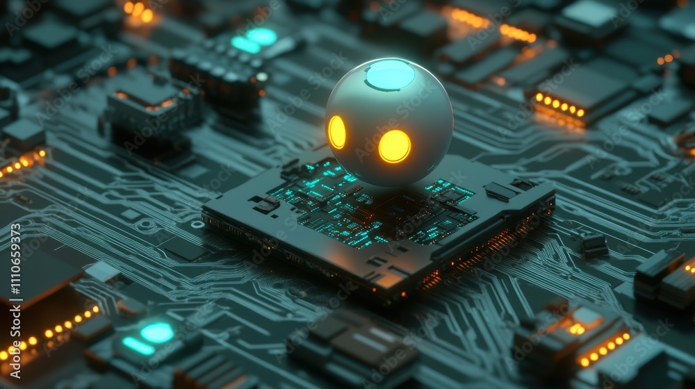 Poster glowing ai chatbot icon connected to a futuristic cpu with neural network-inspired circuitry.