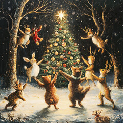 Obraz premium Festive Woodland Scene With Playful Animals Decorating a Christmas Tree in a Snowy Forest