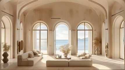 Elegant living room interior design featuring vaulted ceilings, soft beige walls, and floor-to-ceiling arched glass doors opening to a sea view.