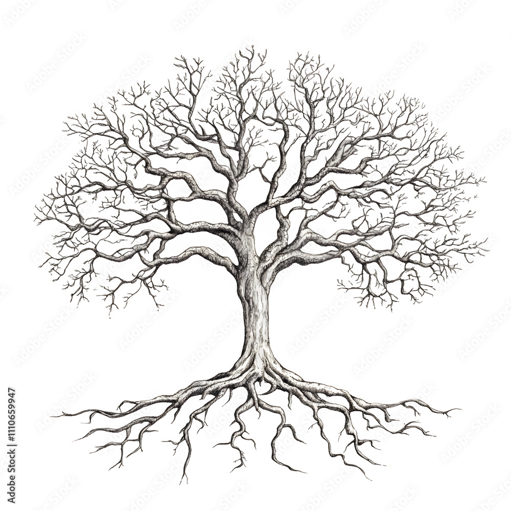 Poster detailed illustration of a bare tree with a complex root structure, set against a transparent backgr
