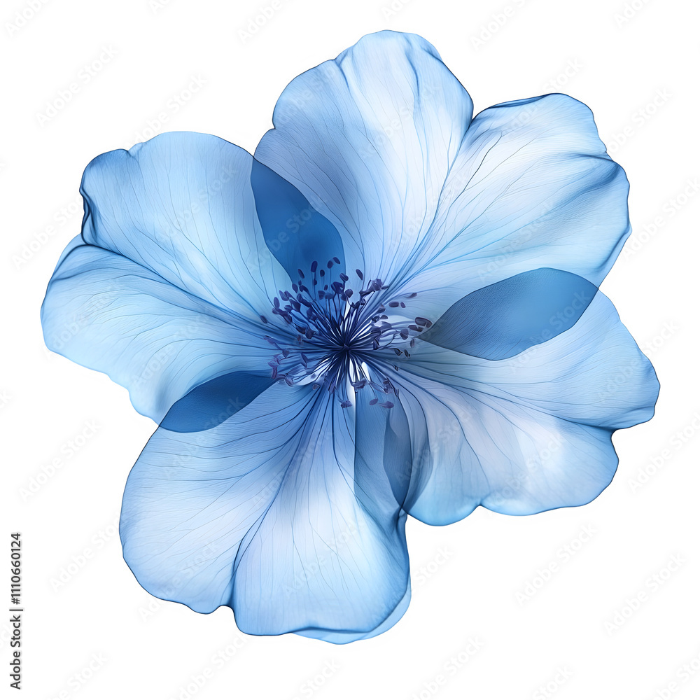 Poster x-ray effect of a beautiful light blue flower with visible veins isolated on transparent background
