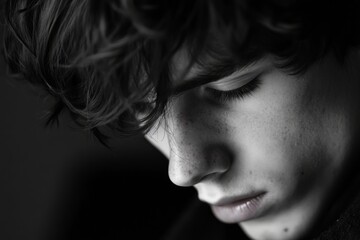 A thoughtful young man with curly hair is portrayed in a dramatic black and white style. This close-up captures emotion and introspection beautifully. Generative AI
