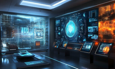 Futuristic control room with holographic displays showing complex data streams, ideal for tech, science fiction, or virtual reality concepts.