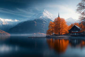 Obraz premium autumn landscape with lake and mountains