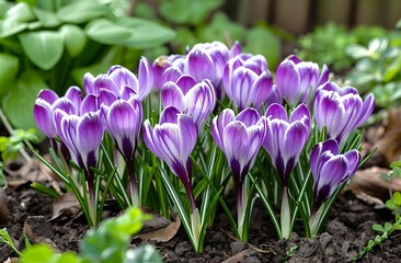 purple and white flower growing out of dirt green leaves.