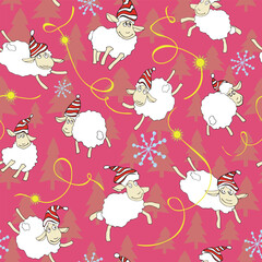 Happy flying sheep in Santa hats on a pink festive neutral background, accented with hand drawn snowflakes, yellow ribbons, and translucent fir trees. Great for digital playful holiday designs, cards