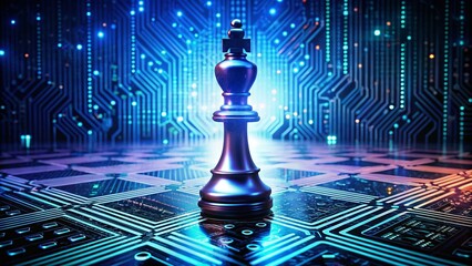 Chess Piece Duality: One Half on Chessboard, Other Filled with Programming Code Against a Circuit Board Pattern, Representing the Intersection of Strategy and Technology