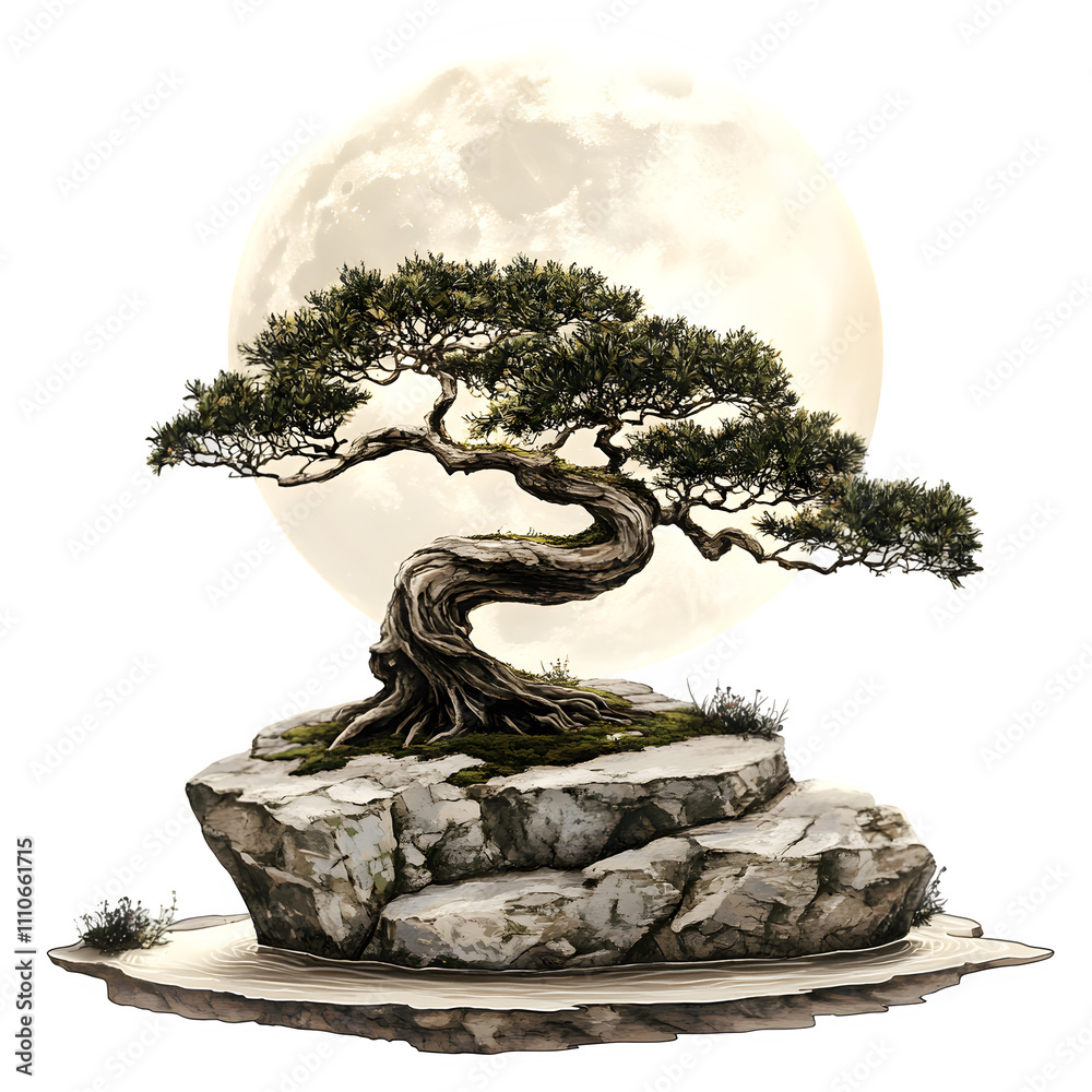 Poster bonsai tree on a rock with a full moon in the background, isolated on a transparent backdrop