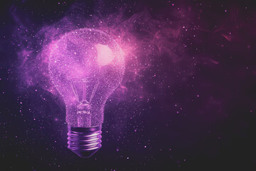 A light bulb with purple dots floating on a dark background. There are many small dots on the image.