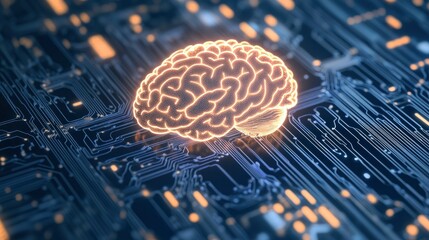 A glowing brain on top of digital intricate circuit board
