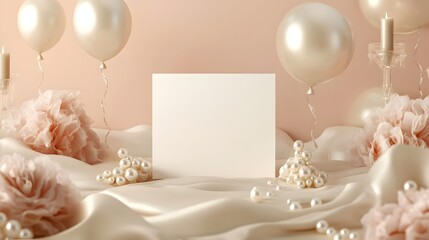 Blank mockup template of an invitation card surrounded by rippling silk flowers, candle holders melting into the background, and pearls that levitate like balloons.