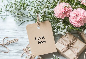 Add a sign with a "Love Mom" label and a bouquet of blue, royal, and cream-colored flowers