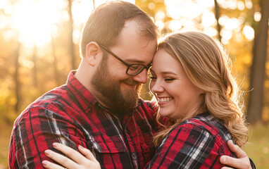 Fototapeta premium Couple Embracing Each Other Autumn Woods Lifestyle Photograph Warm Atmosphere Intimate View Love and Connection
