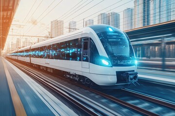 Naklejka premium High Speed Train Modern Railway Transportation Cityscape Background