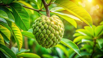 Closeup of a custard apple or sugar apple hanging on a tree surrounded by vibrant green leaves, showcasing the healthy and sweet nature of this tropical fruit in its natural environment.