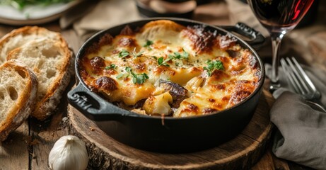 Plated Tartiflette with Garnish and Bread. AI generated illustration.