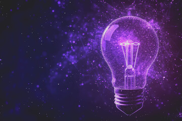 A light bulb with purple dots floating on a dark background. There are many small dots on the image.