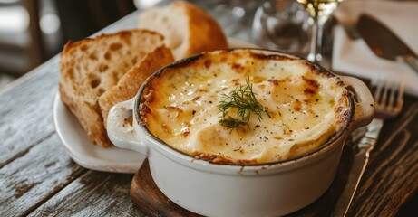 Plated Tartiflette with Garnish and Bread. AI generated illustration.