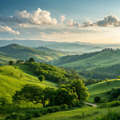 Obraz premium A stunning green landscape showcasing lush vegetation, vibrant plants,
