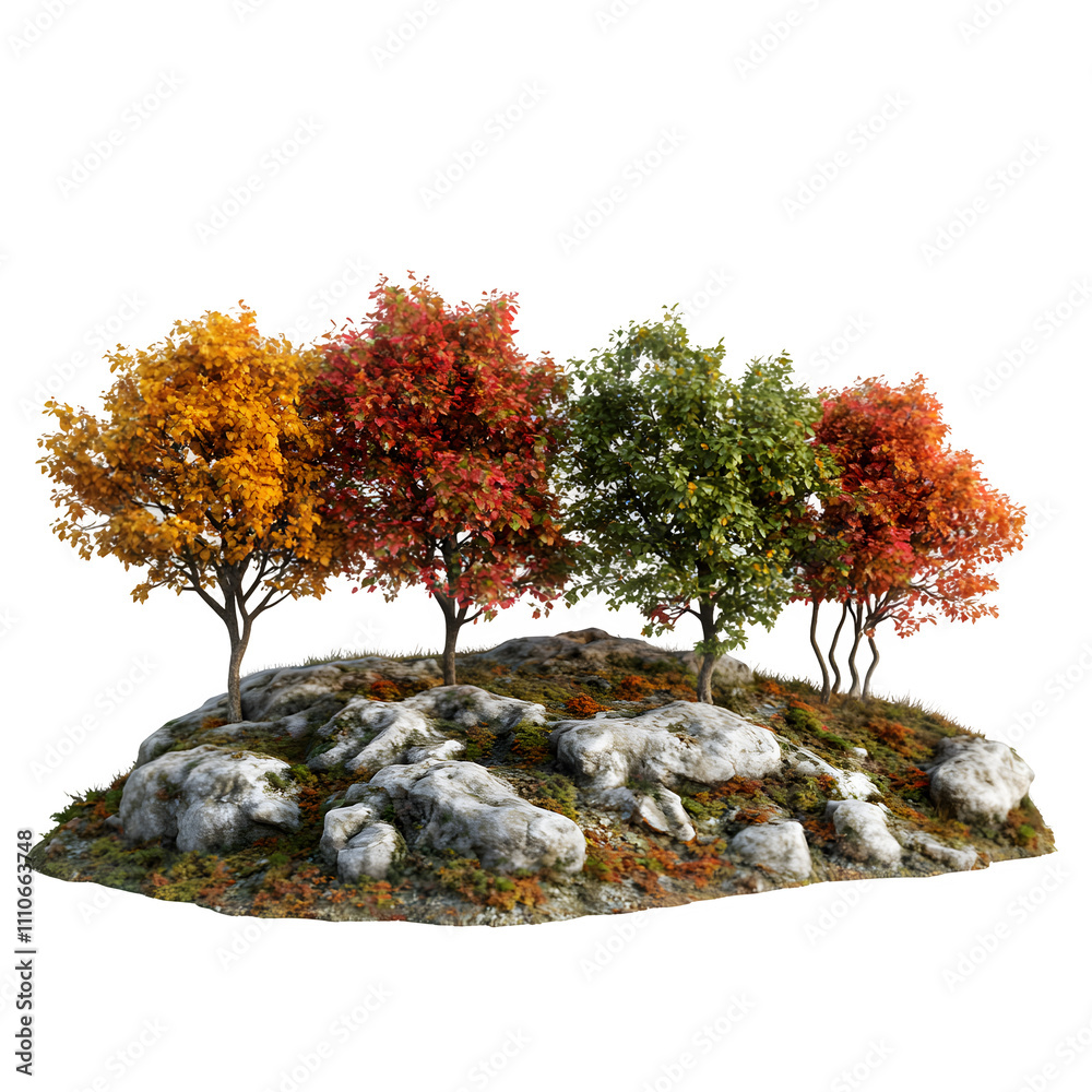 Aufkleber four trees displaying various autumn hues on a tiny rocky island with a clear backdrop, ideal for se
