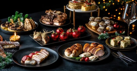 Fototapeta premium Christmas Feast with Assorted Dishes on Dark Table. AI generated illustration.