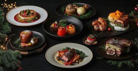 Christmas Feast with Assorted Dishes on Dark Table. AI generated illustration.