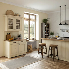 A stylish beige kitchen interior featuring a bar counter, ideal for cooking and entertaining
