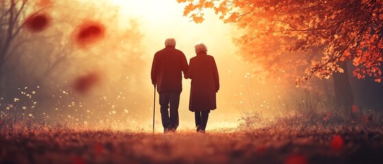 An elderly couple walking together in a picturesque autumn landscape with one partner providing care and support to the other using a cane  Their silhouettes are highlighted against the warm