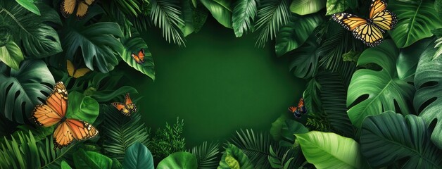 A green background with various tropical leaves and butterflies, creating an exotic jungle atmosphere