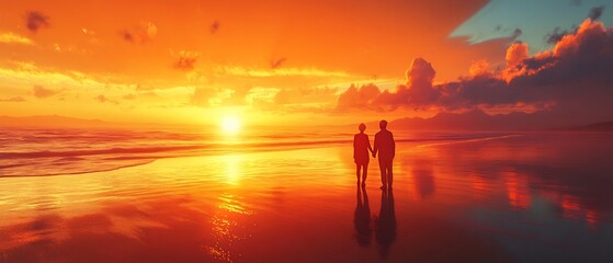 Fototapeta premium Elderly couple sharing an affectionate glance as they stroll along the beach during a captivating sunset their silhouettes reflected in the calm ocean waters