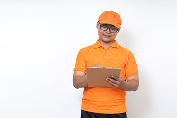 asian courier delivery wearing oranges uniform with document isolated on white background, shipment service concept.