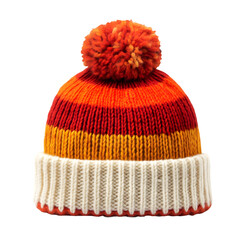 Striped knitted wool hat with a big pompom in orange, red, and white, displayed on a transparent background