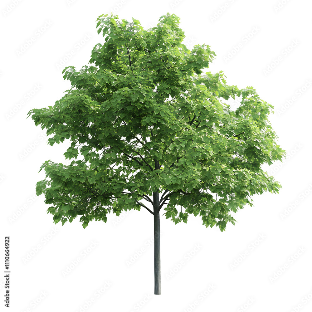 Poster realistic 3d rendering of a young maple tree with lush green leaves, isolated on a transparent backg