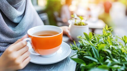 Woman Enjoying Herbal Tea in Cozy Cafe with Green Plants